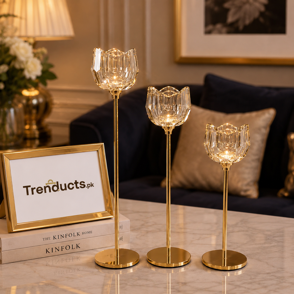 Elegant Crystal Gold Pillar Candle Holder Set