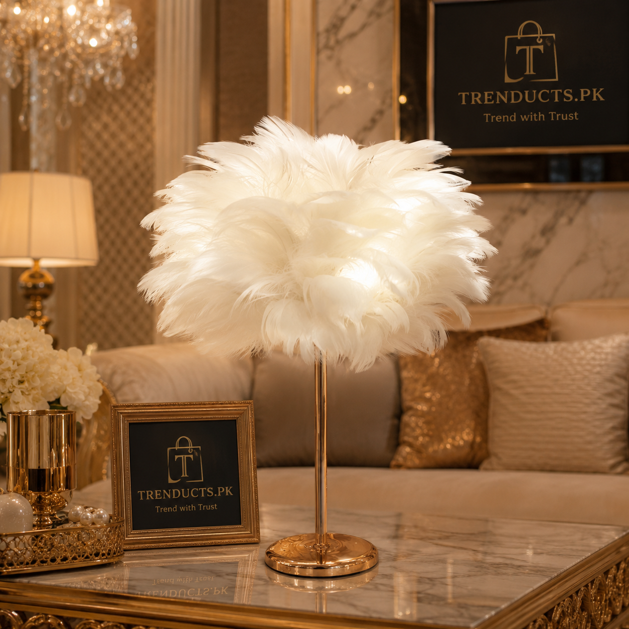 Elegant 18" Feather Table Lamp with Golden Metal Base