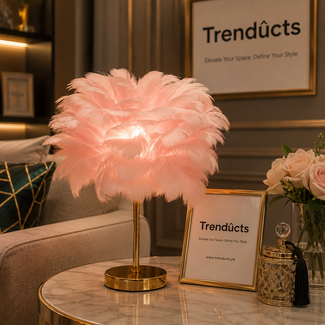 Elegant 18" Feather Table Lamp with Golden Metal Base
