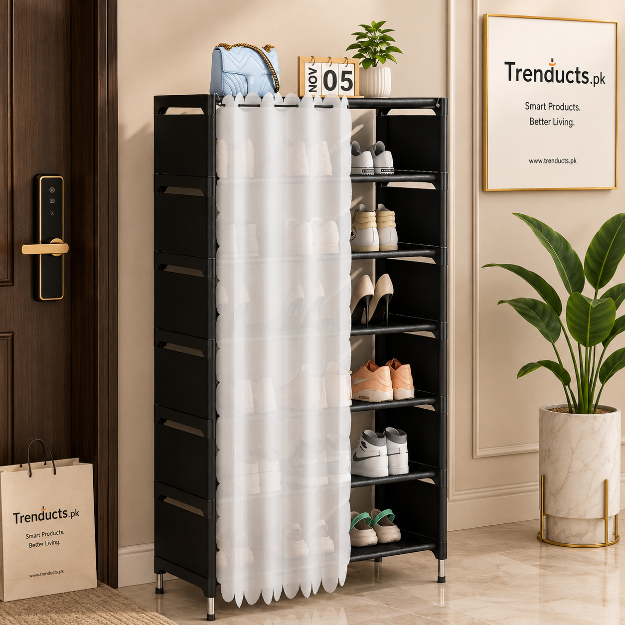 7-Layer Dustproof Shoe Rack with Roll-Up Fabric Curtain Door