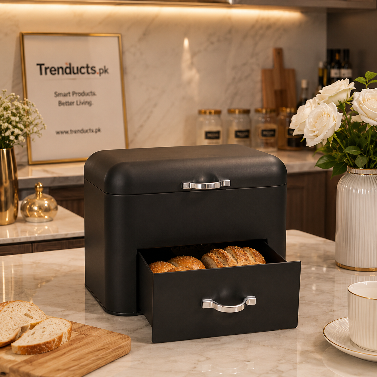 2-Tier Wooden Bread Box with Built-In Slice Compartment Drawer