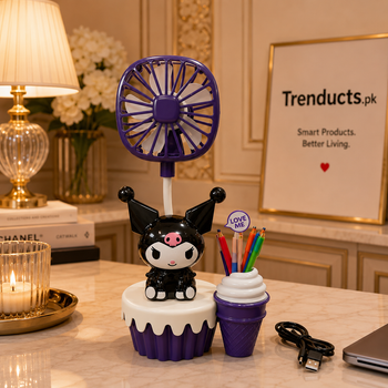 2-in-1 Cartoon Rechargeable Desk Fan with Built-In Pen Holder