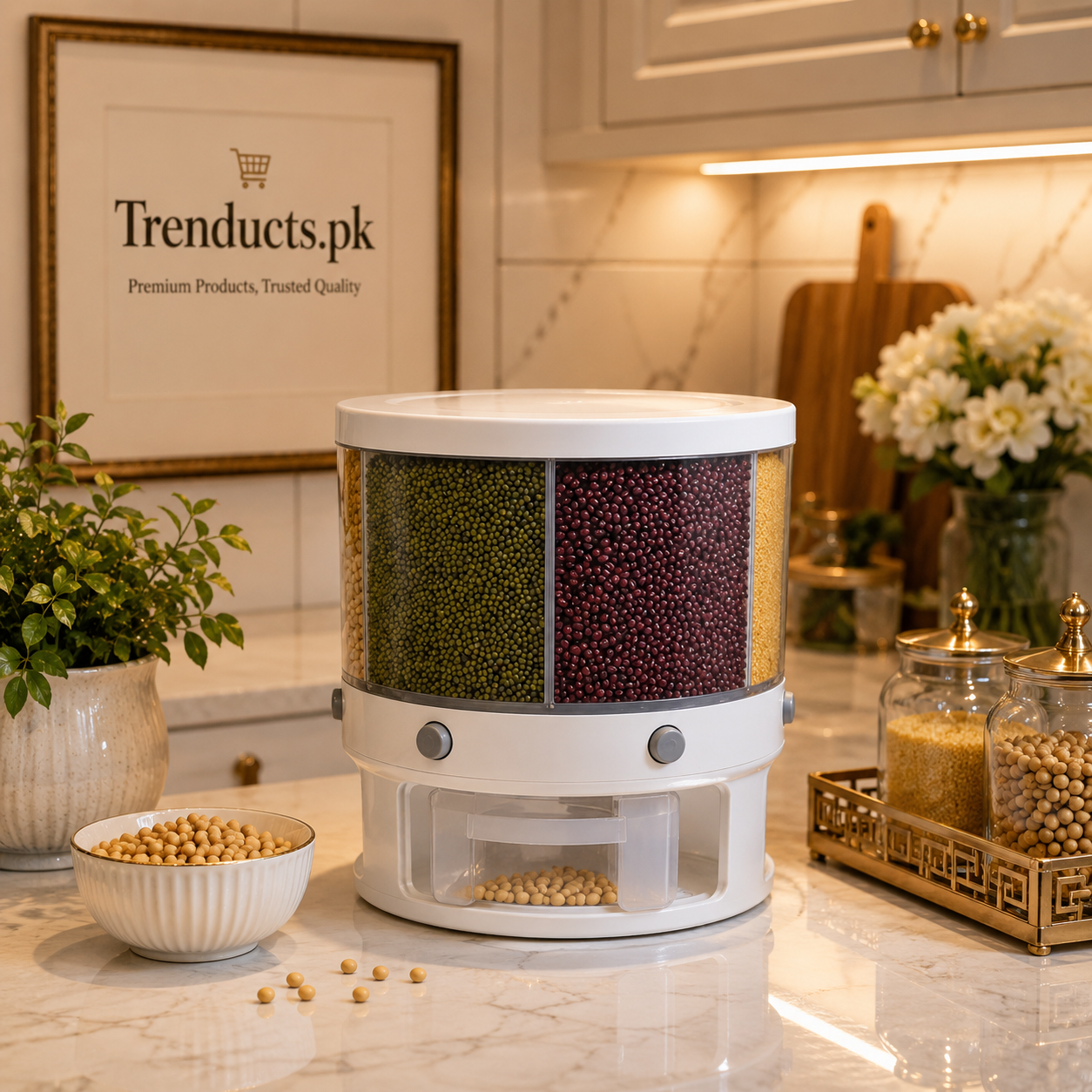 360° Rotating Cereal Dispenser: 6-Compartment Dry Food Bin