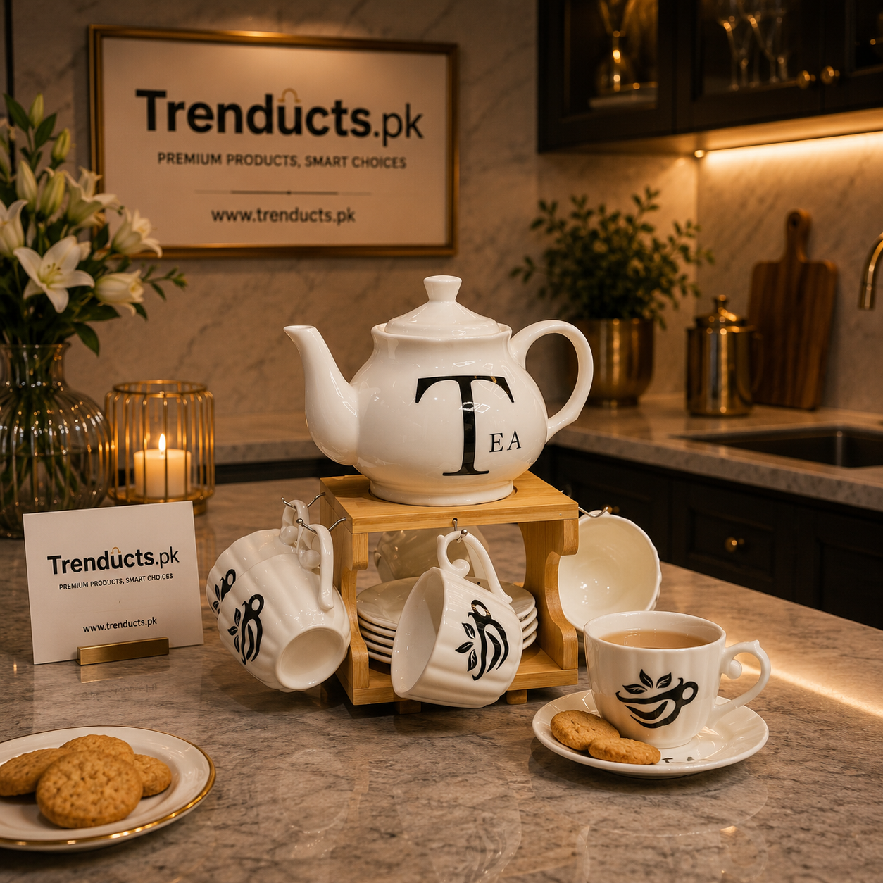 5-Piece Ceramic Tea Set with Wooden Organizer