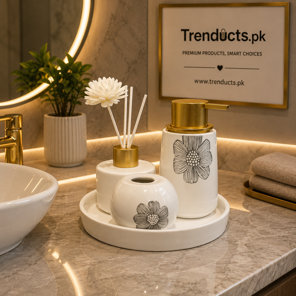 4-Piece Ceramic Bathroom Set - Ivory Floral Tray Kit