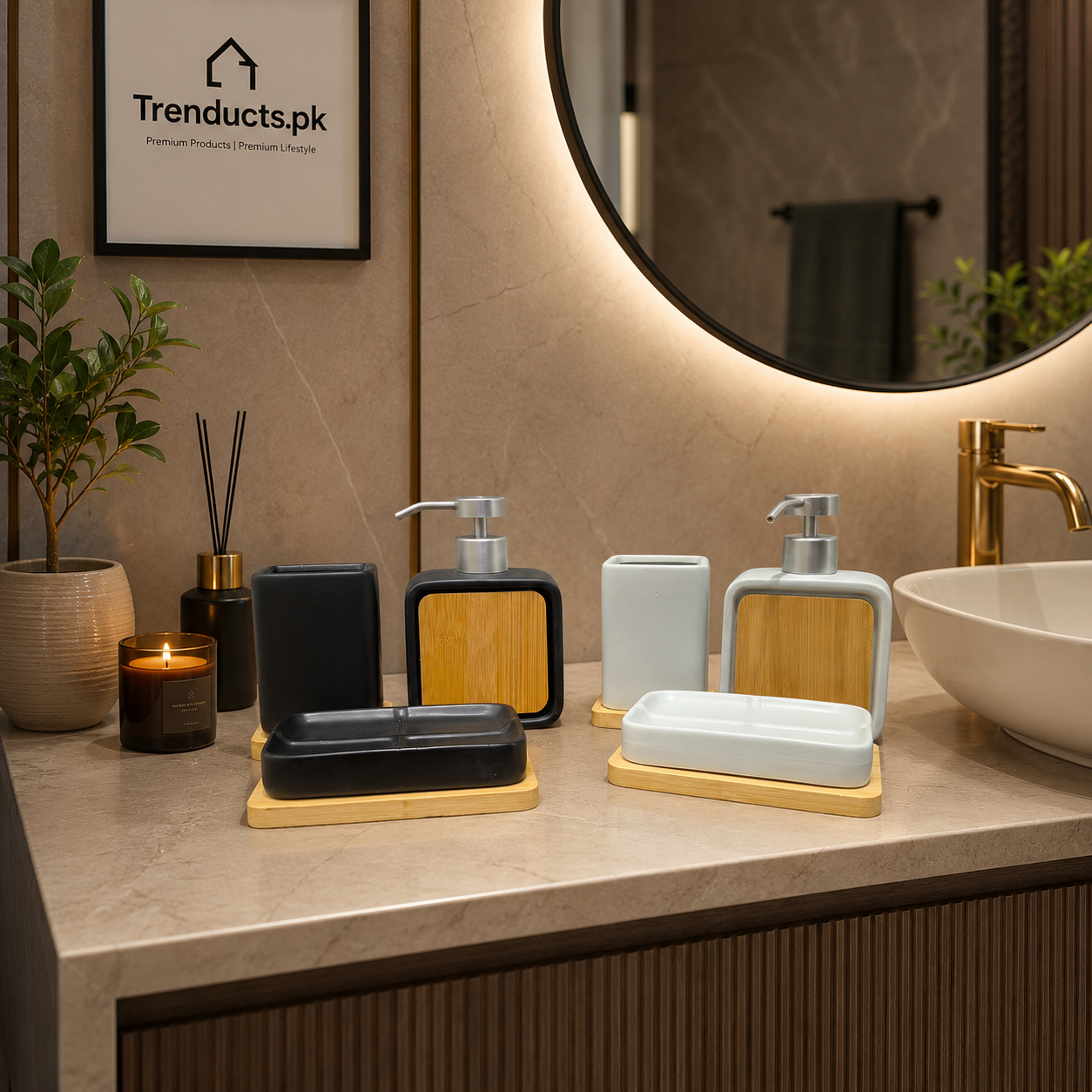 3-Piece Bathroom Set: Ceramic Bamboo Base Kit