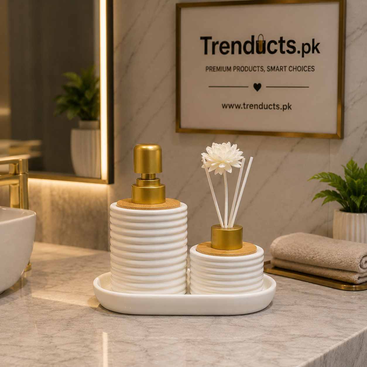 Porcelain Soap Dispenser Set - Ribbed Diffuser Tray