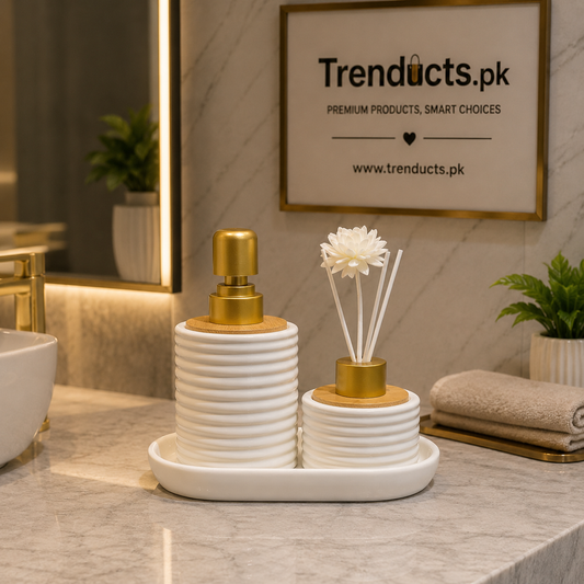 Porcelain Soap Dispenser Set - Ribbed Diffuser Tray
