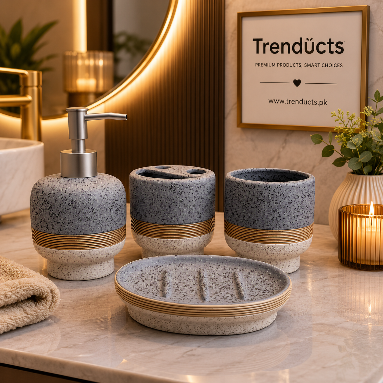 4-Piece Bathroom Accessories Set - Grey Speckled Ceramic Kit