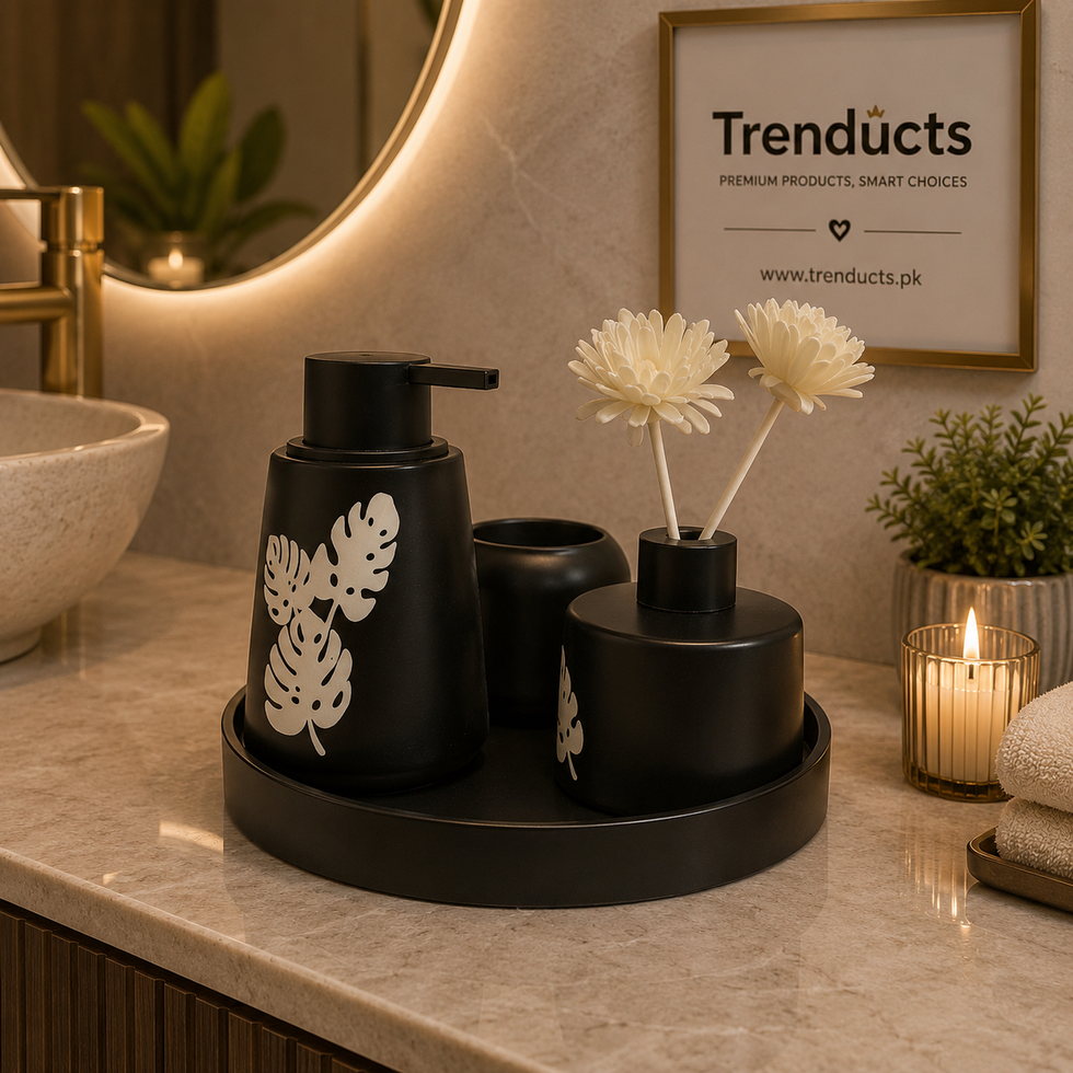 4-Piece Ceramic Bathroom Set - Black Monstera Tray Kit