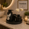 4-Piece Ceramic Bathroom Set - Black Monstera Tray Kit
