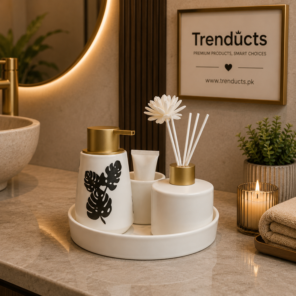 4-Piece Ceramic Bathroom Set - White Monstera Tray Kit
