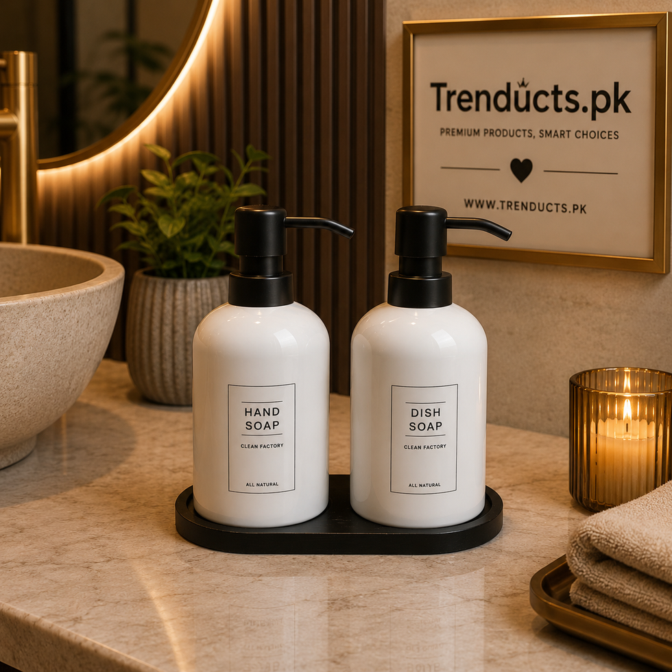 Modern Dual Ceramic Kitchen Soap Dispenser Set with Wooden Base