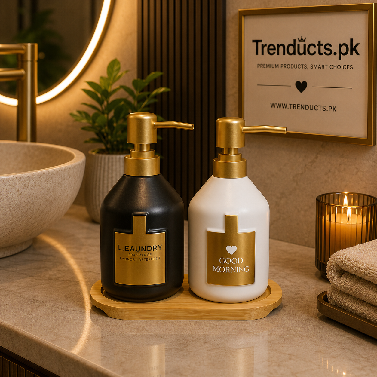 Modern Dual Ceramic Soap Dispenser Set with Wooden Base Tray