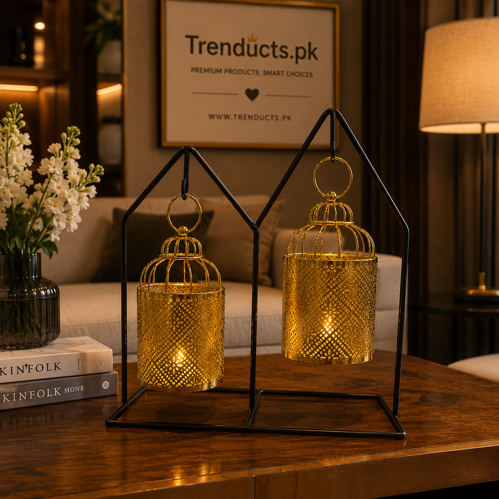 Metal 2-Piece LED Lantern Set - Hanging Gold Lalten Showpiece