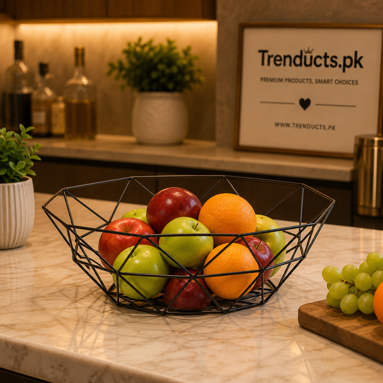 Premium Geometric Metal Wire Fruit Basket - Modern Mesh Countertop Bowl