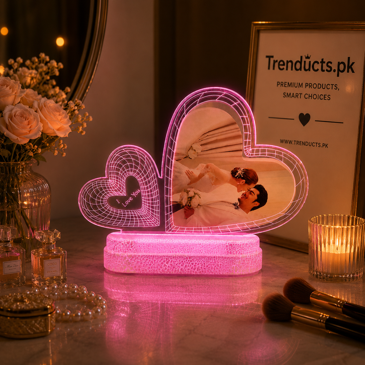 Premium Twin Heart LED Photo Frame - Magic Backlit Mirror Memory Showcase