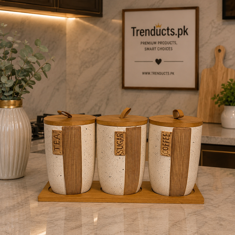 Premium 3-Piece Ceramic Jar Set - Luxury Tea, Sugar & Coffee Canister Trio with Wooden Base