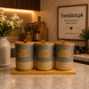 Premium 3-Piece Ceramic Jar Set - Luxury Tea, Sugar & Coffee Canister Trio with Wooden Base