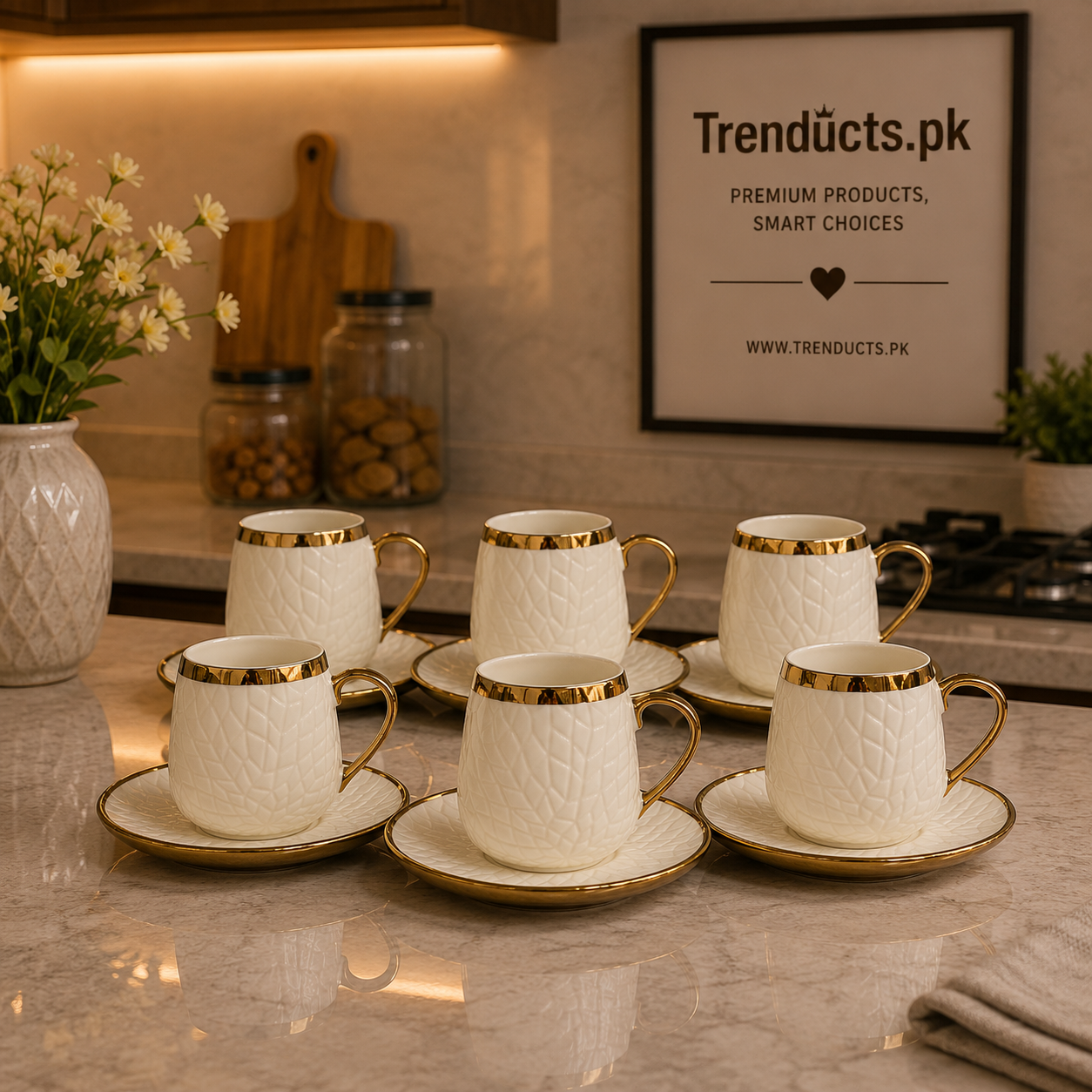 Premium 6-Piece Cup and Saucer Set - Luxury Ceramic Tea & Coffee Service for 6