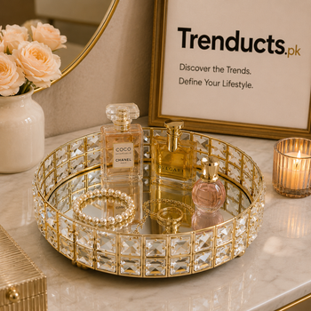 Luxury Crystal Ice Gold Mirrored Vanity Tray (12x12 Inches)