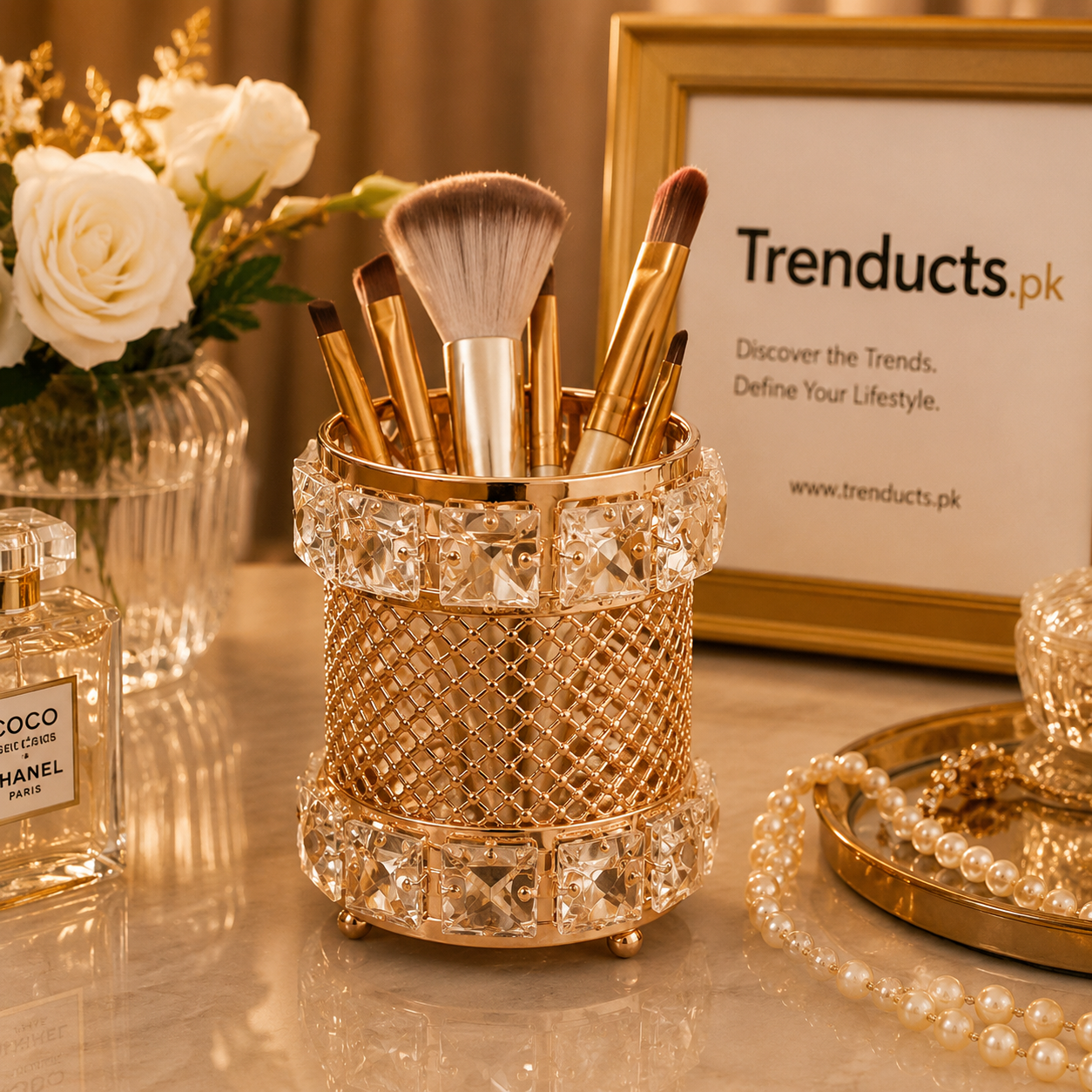 Luxury Ice Gold Metal & Crystal Makeup Brush Holder (Random Design)