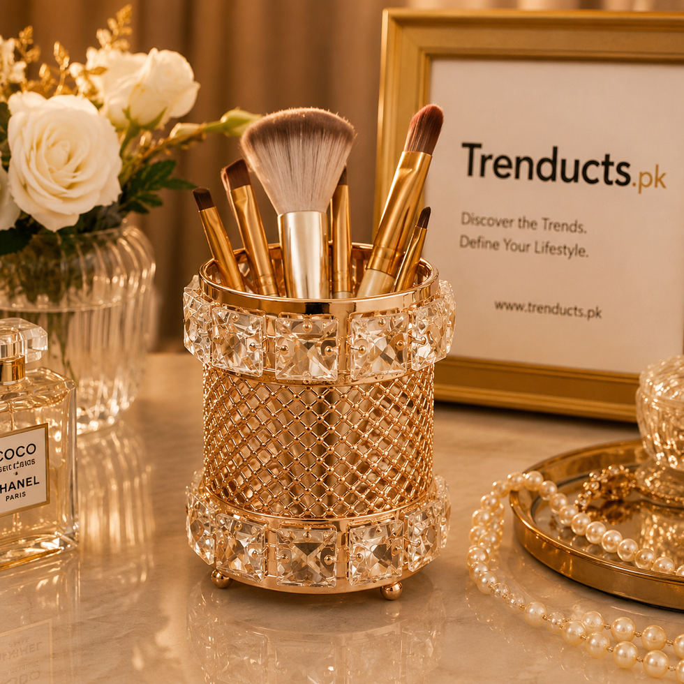 Luxury Ice Gold Metal & Crystal Makeup Brush Holder (Random Design)