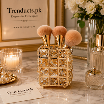 Luxury Ice Gold Metal & Crystal Makeup Brush Holder (Random Design)