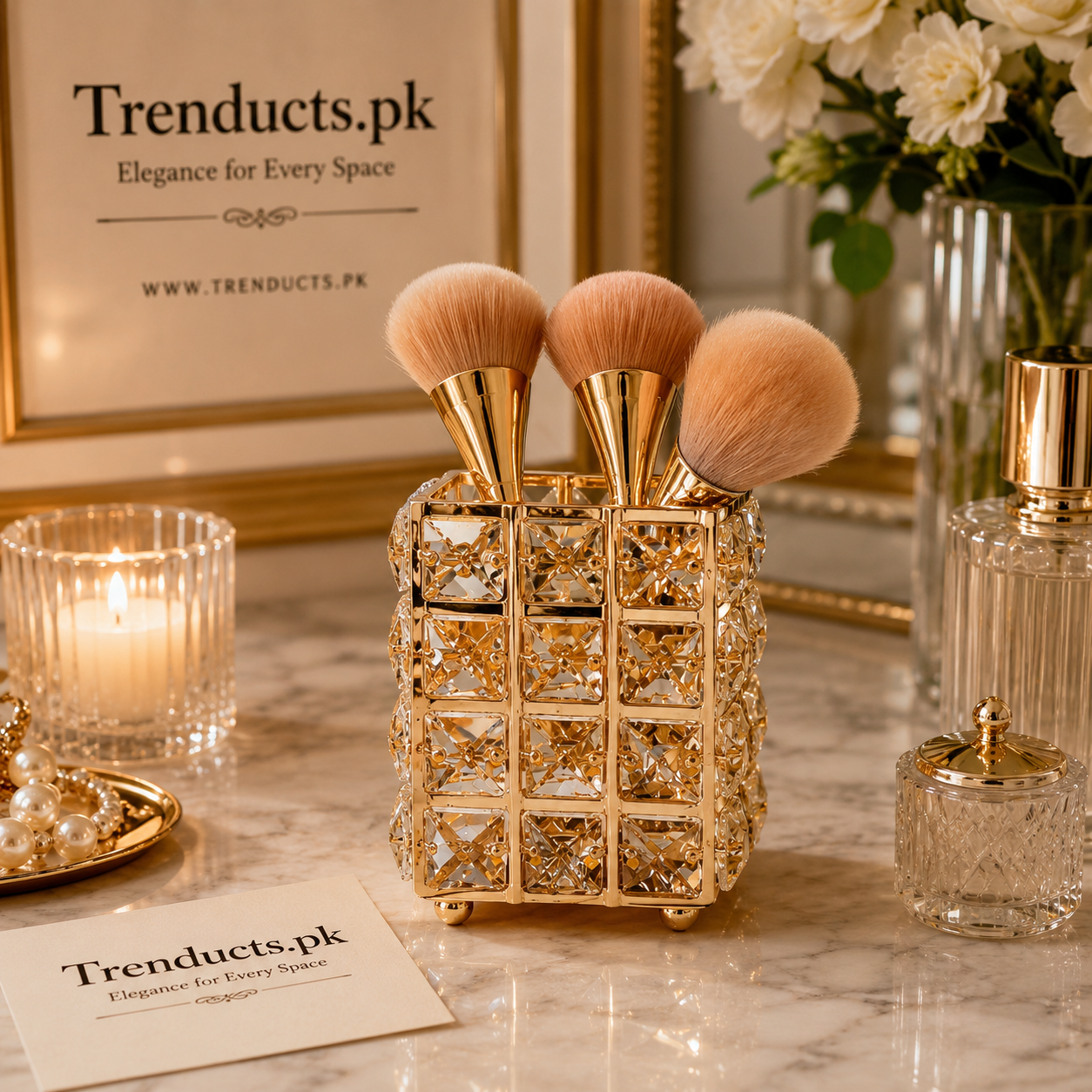 Luxury Ice Gold Metal & Crystal Makeup Brush Holder (Random Design)