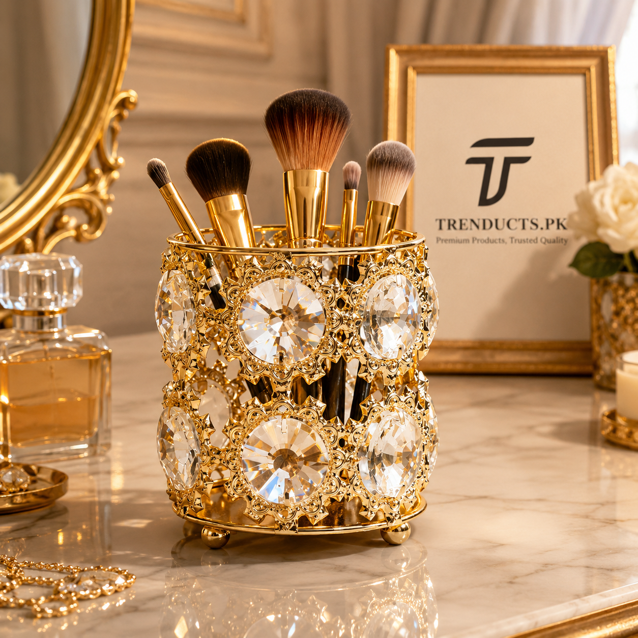 Luxury Ice Gold Metal & Crystal Makeup Brush Holder (Random Design)