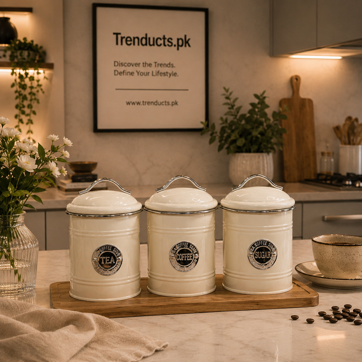 Luxury 3-Piece Metal Countertop Canister Set – Airtight Tea, Coffee, and Sugar Storage Jars