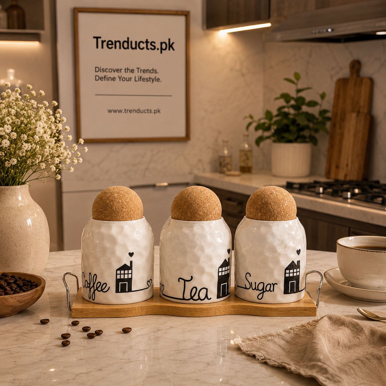 Luxury 3-Piece Ceramic Canister Set – Textured Tea, Coffee, and Sugar Jars with Stand