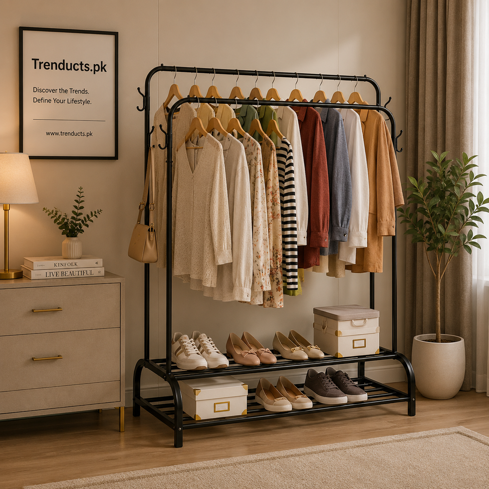 Premium Dual Pole Metal Clothes Stand (Model C) – with Dual Shoe Tiers & Side Hooks