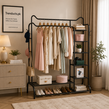 Space-Saving Metal Clothes Stand (Model D) – With Side Storage Shelves & Hooks