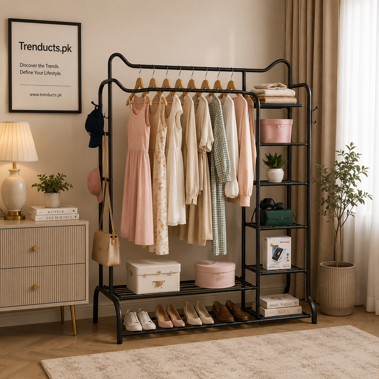 Space-Saving Metal Clothes Stand (Model D) – With Side Storage Shelves & Hooks