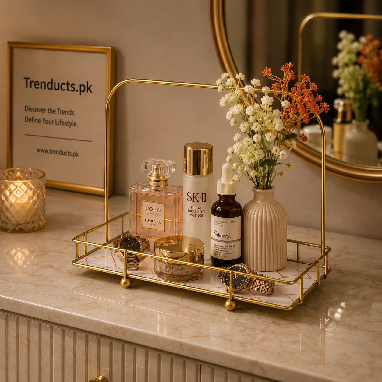 Golden Arc Vanity Stand – Premium Single Tier Basket Organizer