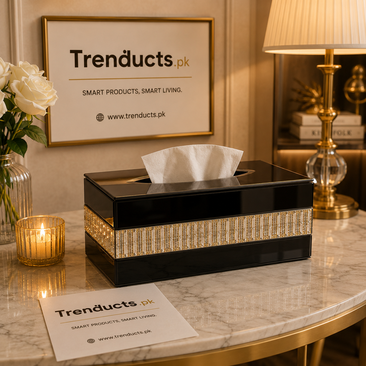 Premium Wood Finish Tissue Box with Textured Accent & Gold Trim