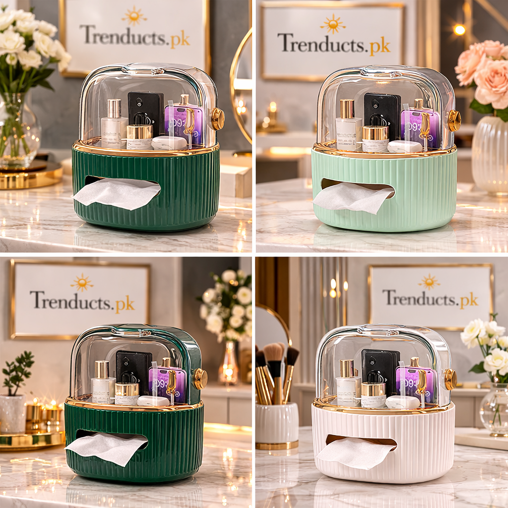 Premium Vanity Organizer - Tissue Box & Skincare Showcase with Acrylic Door