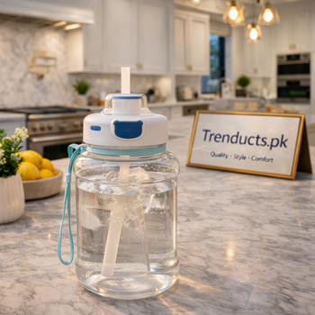 Trumpet-style water bottle with a unique tapered design and stable flared base, perfect for modern desk and home decor.