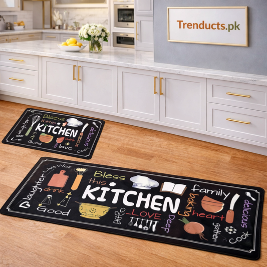 2pc Bless This Kitchen Runner Set – Non-Slip Mats (Random design)