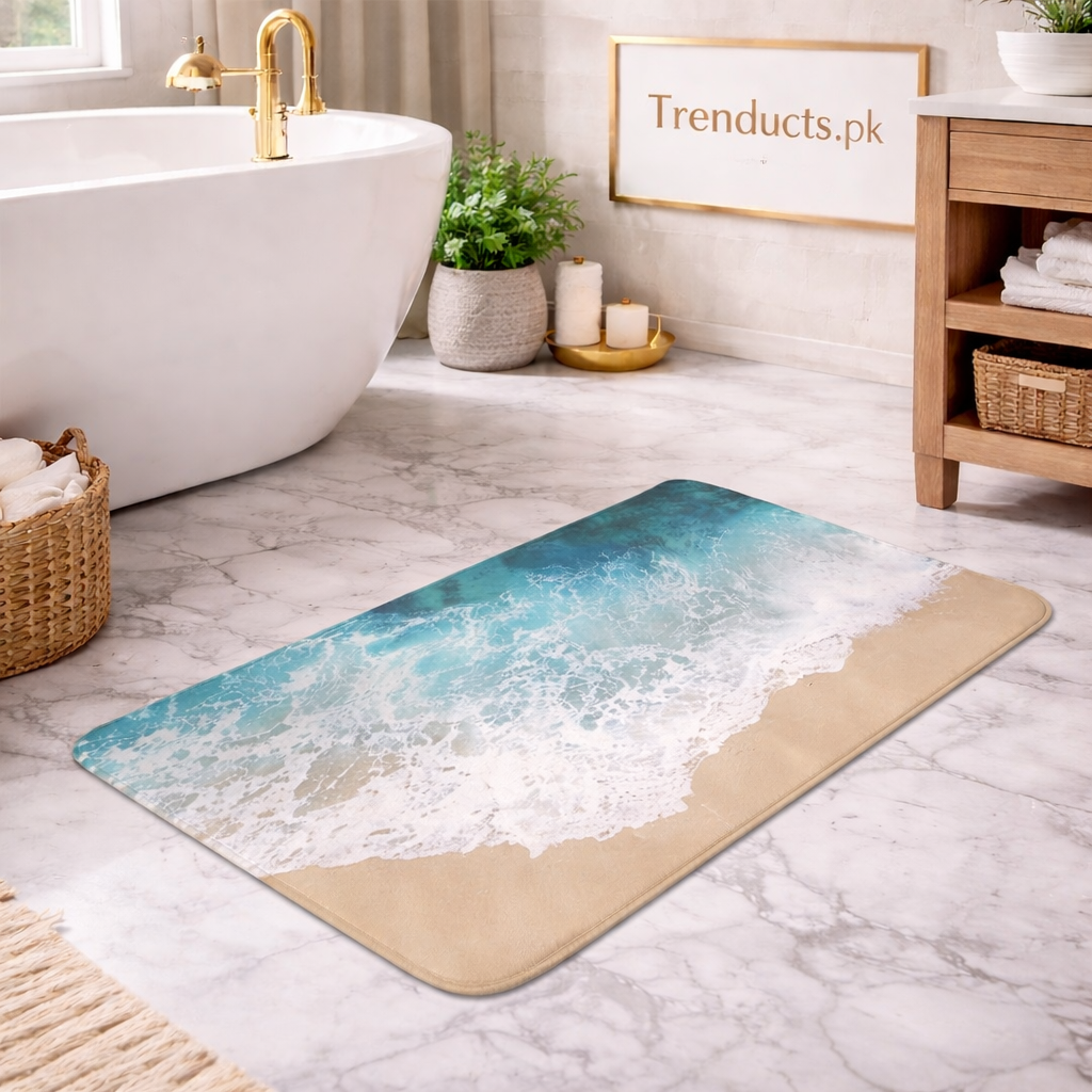 3D Ocean Wave Beach Bathroom Mat – Anti-Slip Rug