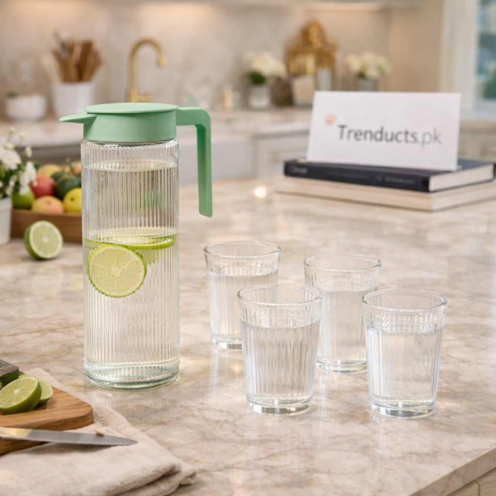 Elegant Water Pitcher Jug with 4 Matching Glasses – Serving Set