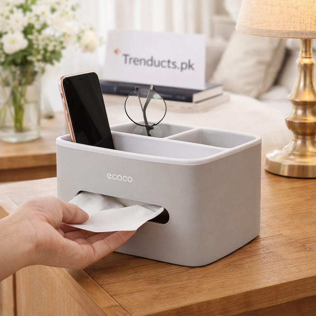 ECOCO Minimalist Desktop Tissue Box – Premium Grey & Cream