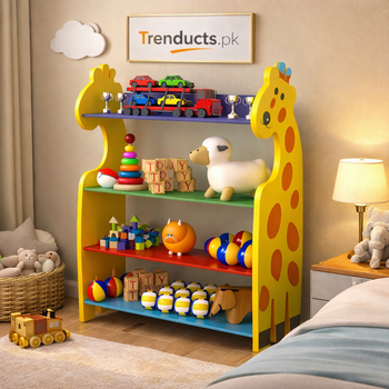 Colorful giraffe-shaped kids' toy storage rack with four tiers holding various toys, blocks, and balls in a child's bedroom.