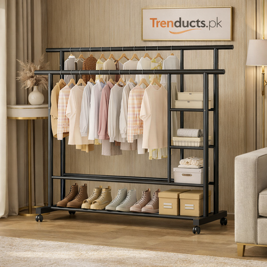 Heavy-Duty Double-Rod Clothes Rack with Storage Shelves & Wheels