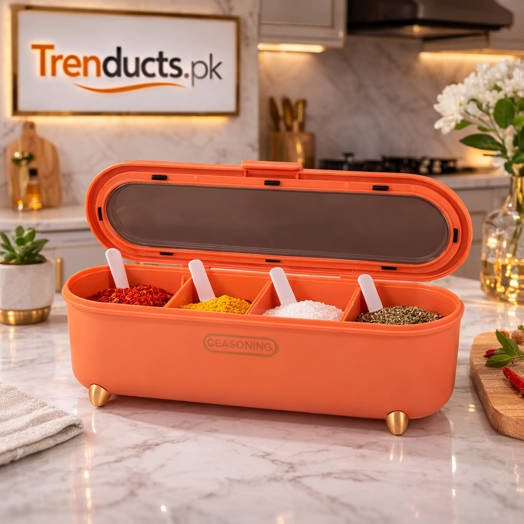 Four-Compartment Seasoning Box with Integrated Handles – Kitchen Spice Organizer