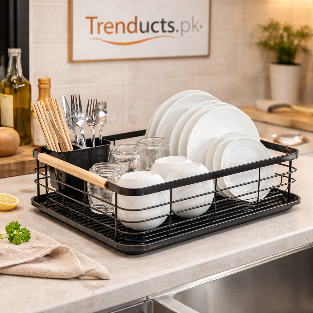 Nordic-Style Dish Rack with Natural Wooden Handles – Modern Kitchen Organizer