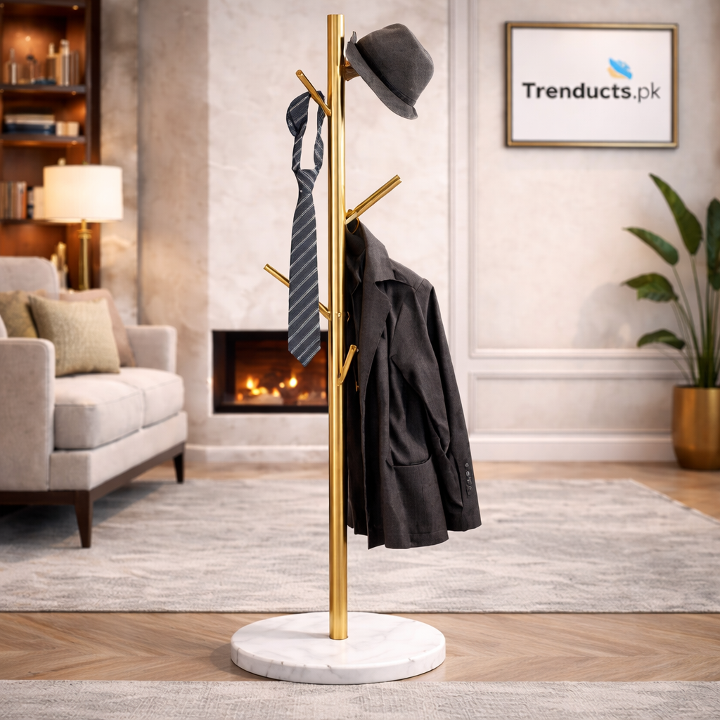 Luxury Gold Accent Metal Clothes Rack with Circular Marble-Style Base