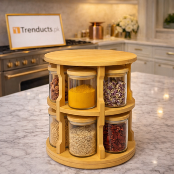 360° Rotatable Spice Jar Set – 10-Piece Bamboo Organizer