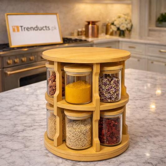 360° Rotatable Spice Jar Set – 10-Piece Bamboo Organizer